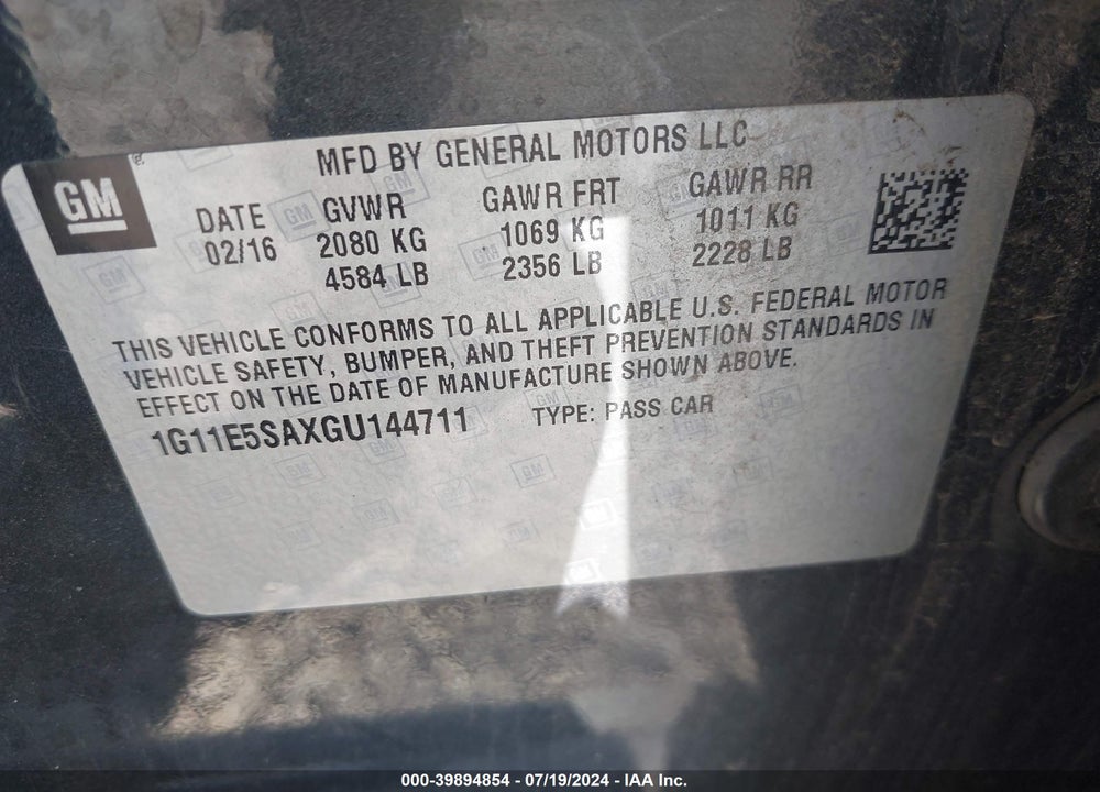 2016 CHEVROLET MALIBU LIMITED LTZ VIN: 1G11E5SAXGU144711