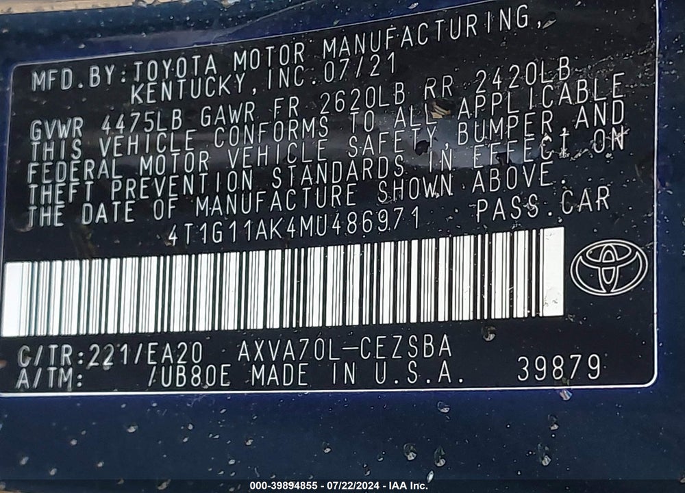 2021 TOYOTA CAMRY SE VIN: 4T1G11AK4MU486971