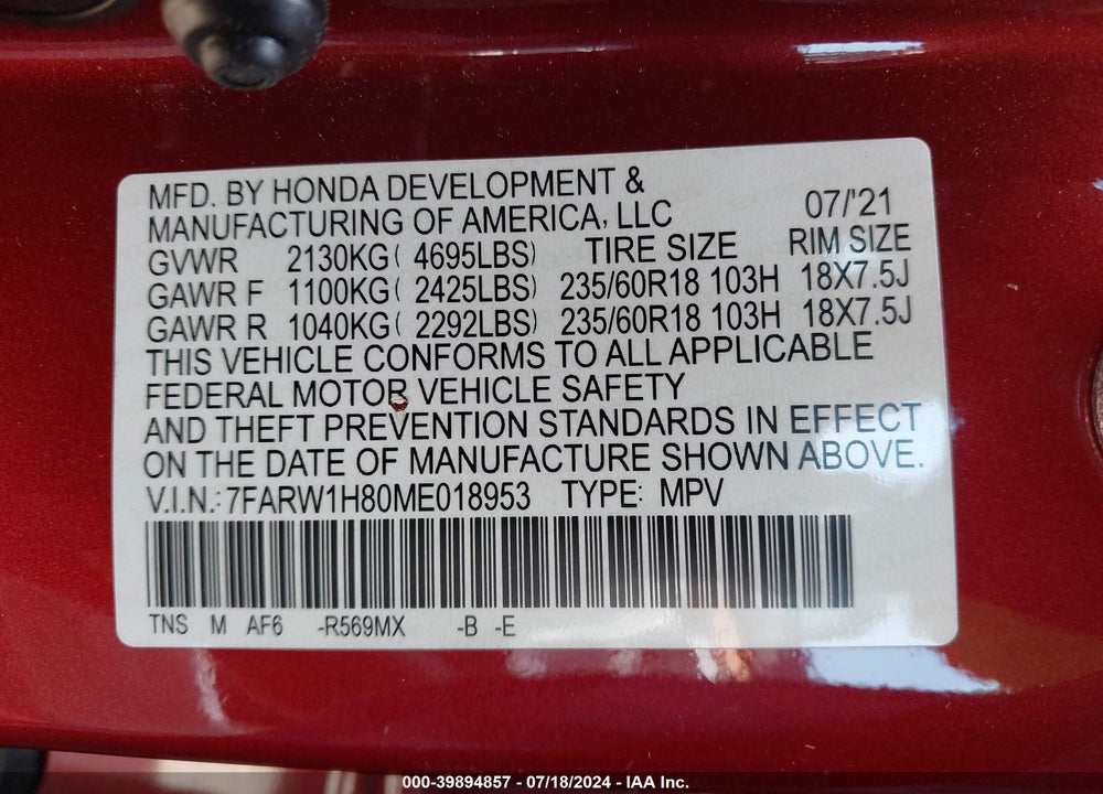2021 HONDA CR-V 2WD EX-L VIN: 7FARW1H80ME018953