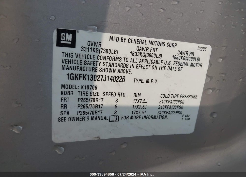 2007 GMC YUKON SLT VIN: 1GKFK13027J140226
