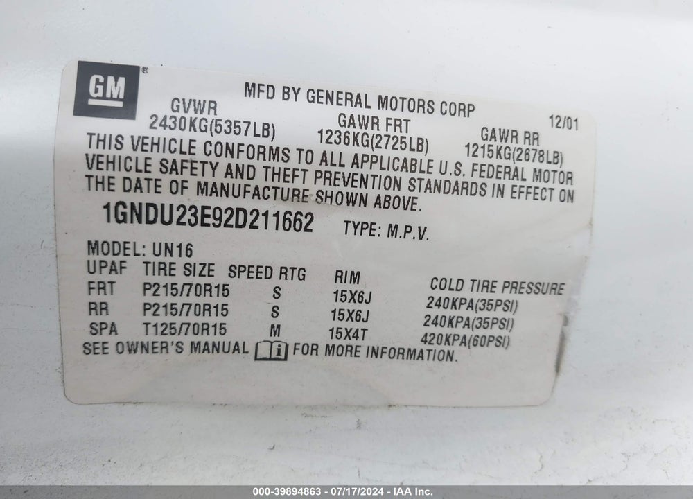 2002 CHEVROLET VENTURE VALUE VAN VIN: 1GNDU23E92D211662