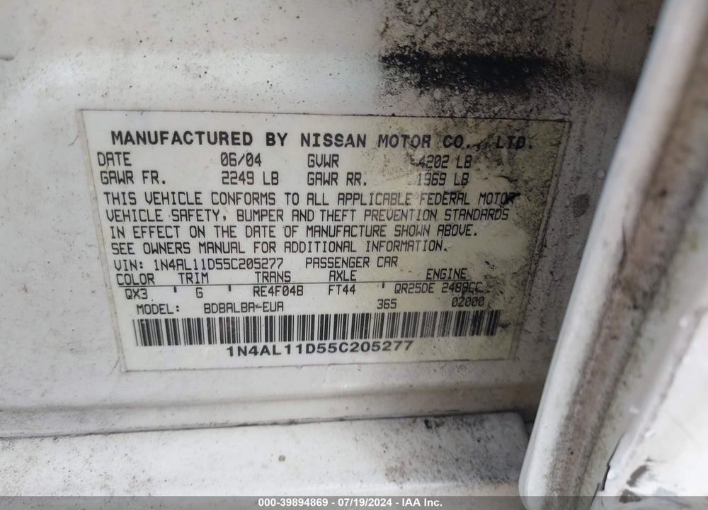 2005 NISSAN ALTIMA 2.5 S VIN: 1N4AL11D55C205277