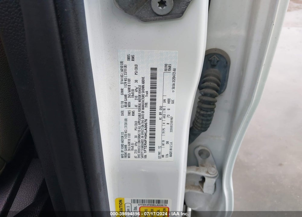 2019 FORD RANGER LARIAT VIN: 1FTER4FH9KLA00676