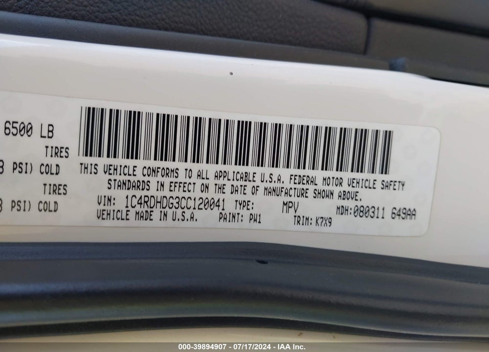 2012 DODGE DURANGO CREW VIN: 1C4RDHDG3CC120041