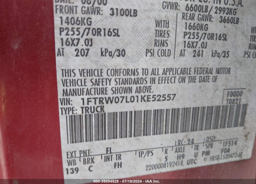 2001 FORD F-150 VIN: 1FTRW07L01KE52557