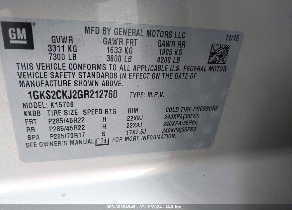 2016 GMC YUKON DENALI VIN: 1GKS2CKJ2GR212760