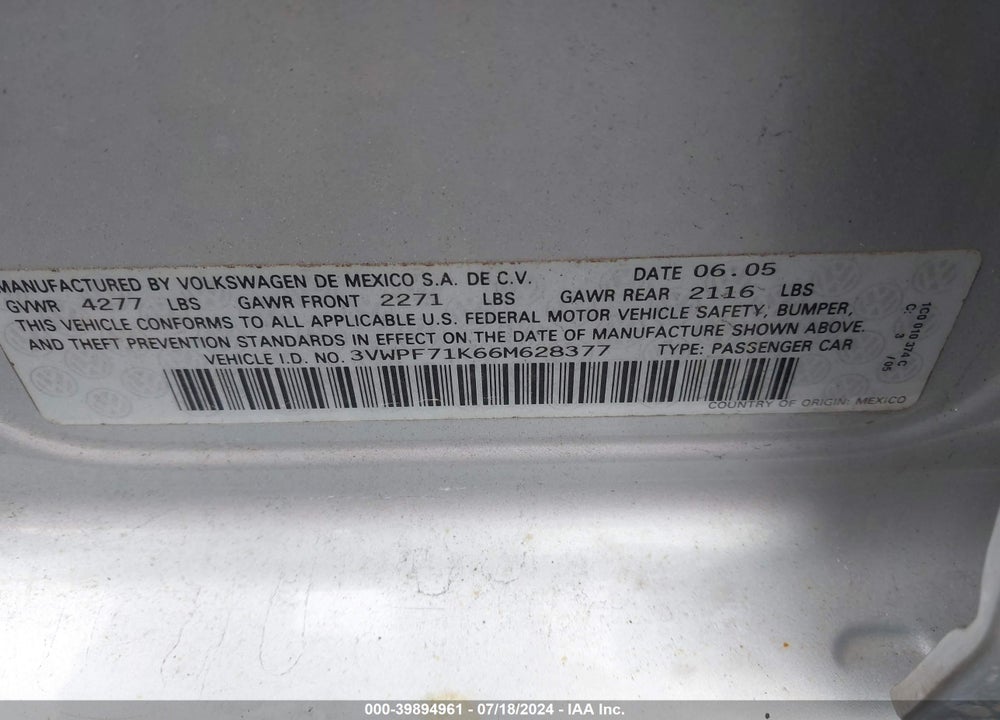 2006 VOLKSWAGEN JETTA VALUE EDITION VIN: 3VWPF71K66M628377
