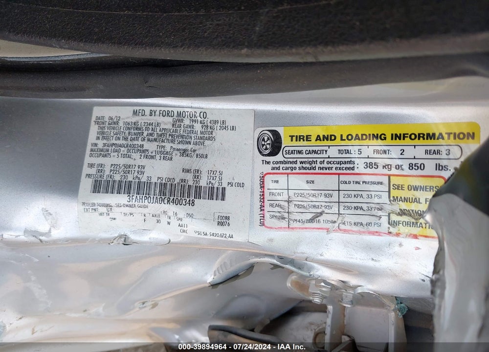 2012 FORD FUSION SEL VIN: 3FAHP0JA0CR400348