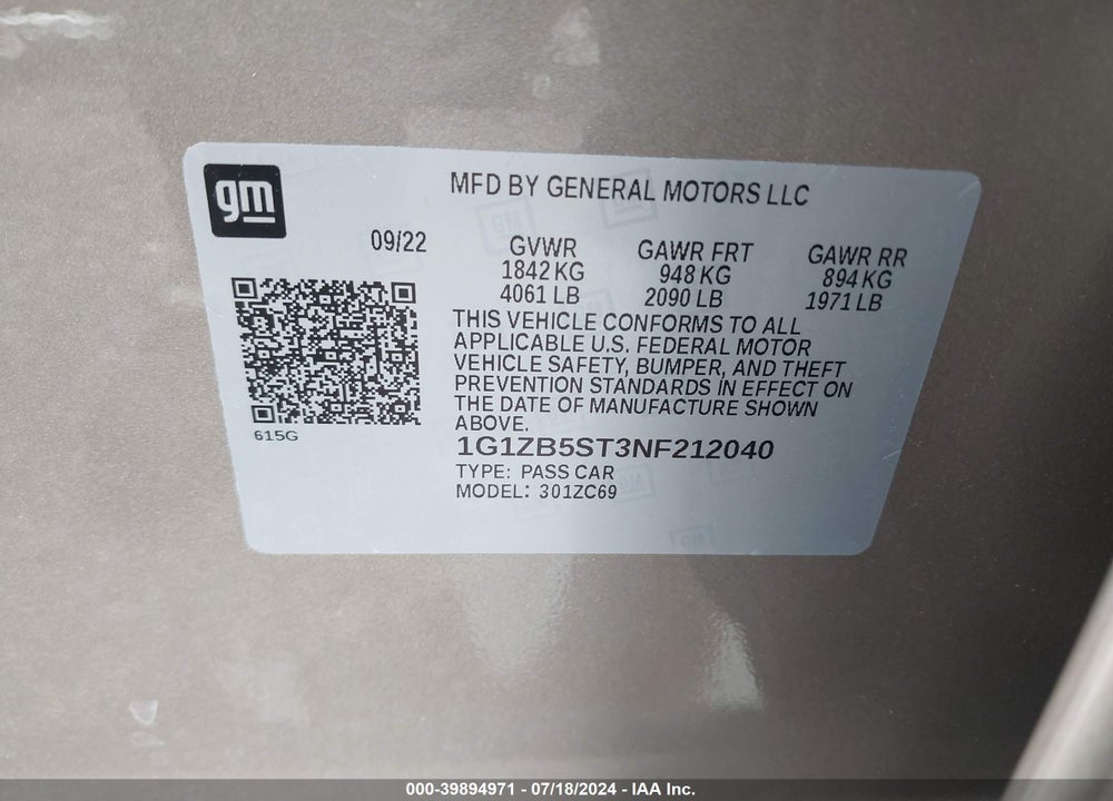 2022 CHEVROLET MALIBU FWD LS VIN: 1G1ZB5ST3NF212040