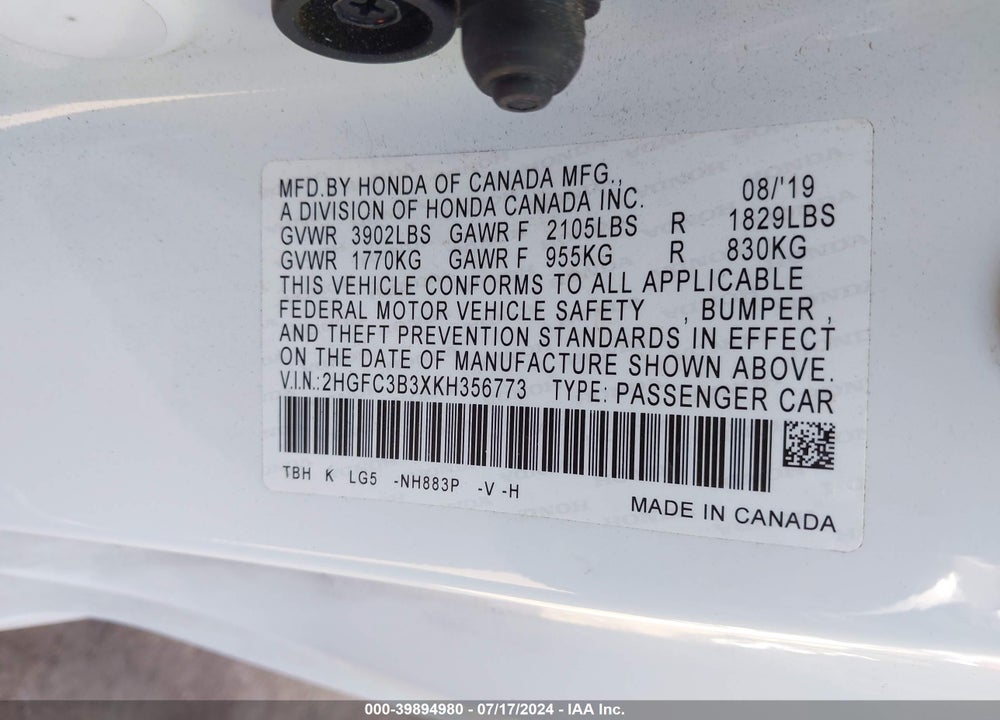 2019 HONDA CIVIC EX VIN: 2HGFC3B3XKH356773