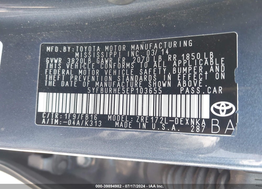 2014 TOYOTA COROLLA LE PLUS VIN: 5YFBURHE5EP103655