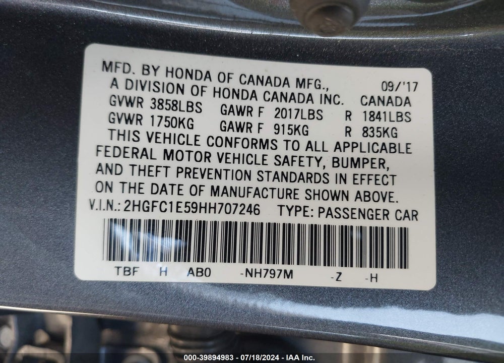 2017 HONDA CIVIC SI VIN: 2HGFC1E59HH707246