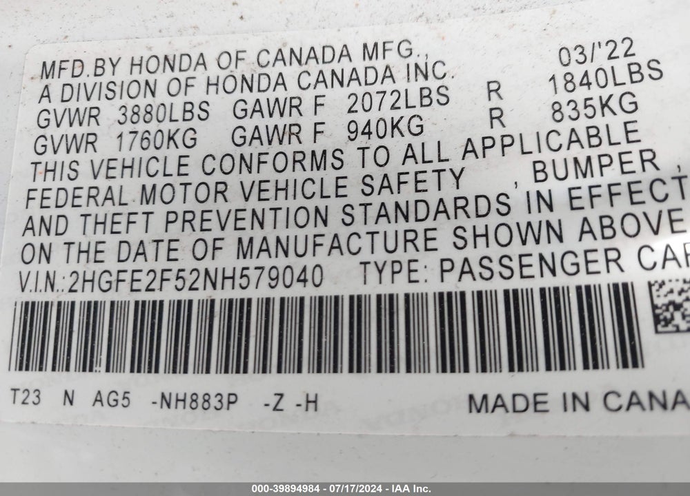 2022 HONDA CIVIC SPORT VIN: 2HGFE2F52NH579040
