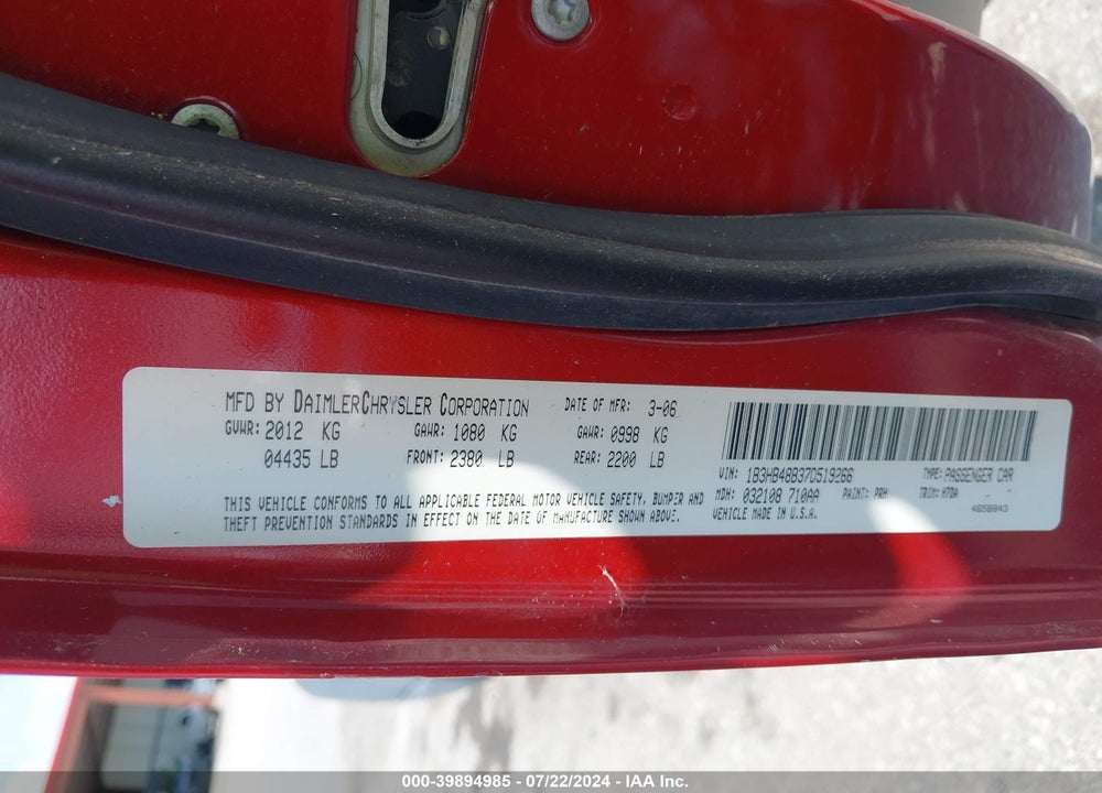 2007 DODGE CALIBER SXT VIN: 1B3HB48B37D519266