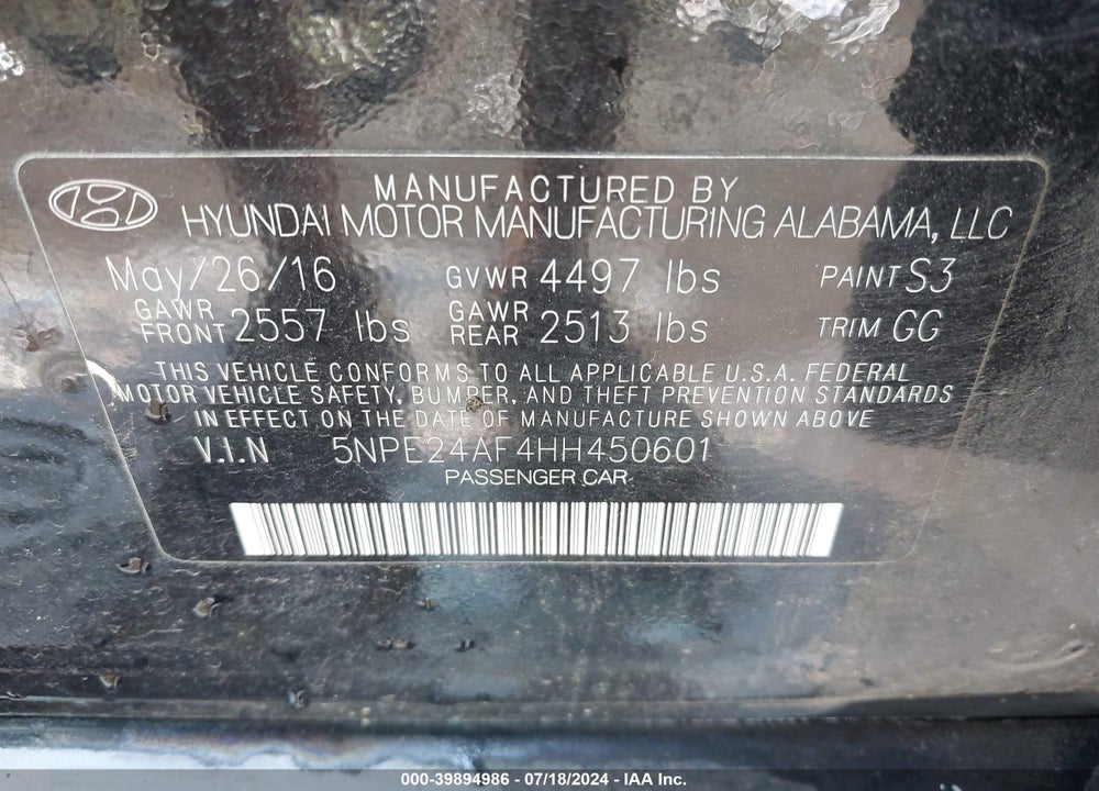 2017 HYUNDAI SONATA SE VIN: 5NPE24AF4HH450601