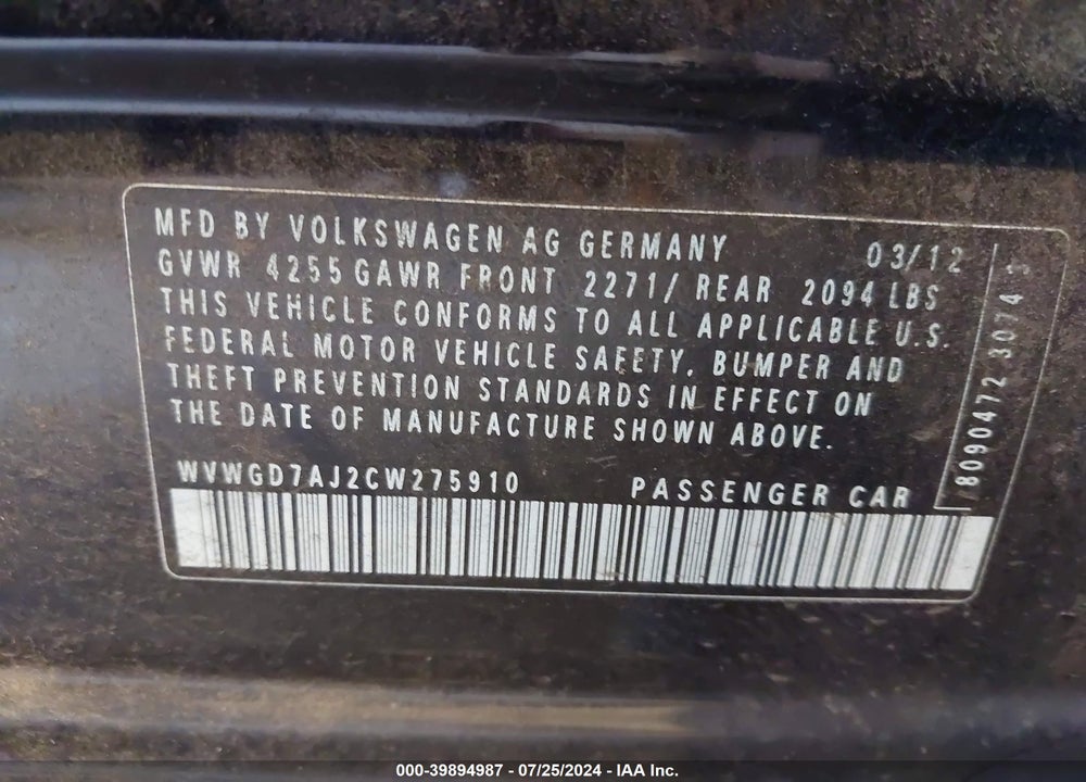 2012 VOLKSWAGEN GTI 4-DOOR AUTOBAHN VIN: WVWGD7AJ2CW275910
