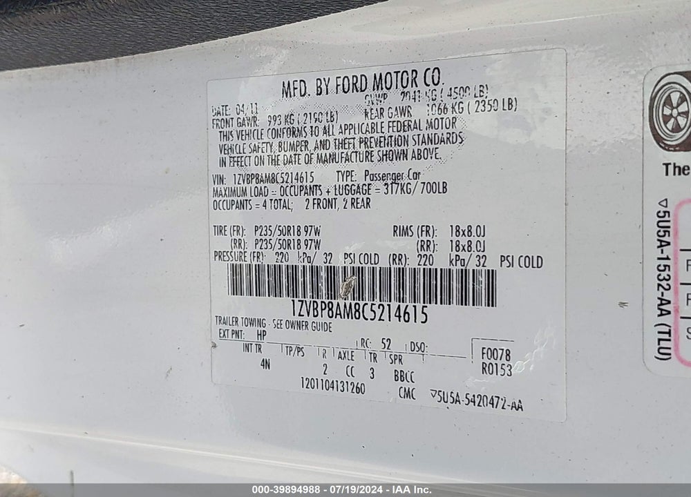 2012 FORD MUSTANG V6 PREMIUM VIN: 1ZVBP8AM8C5214615