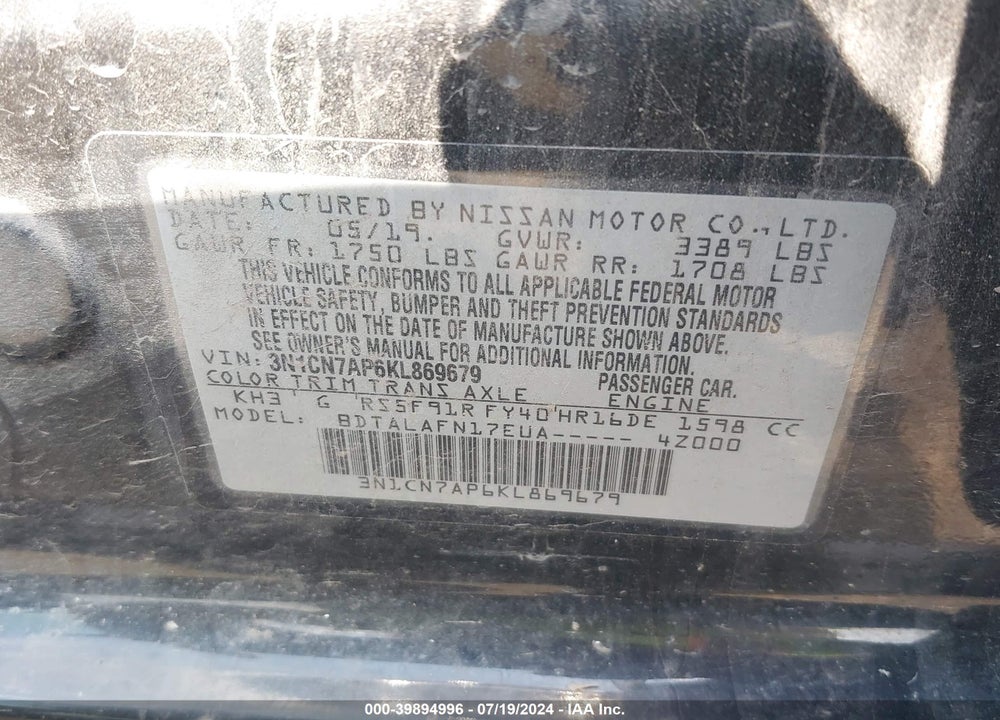 2019 NISSAN VERSA 1.6 S+ VIN: 3N1CN7AP6KL869679