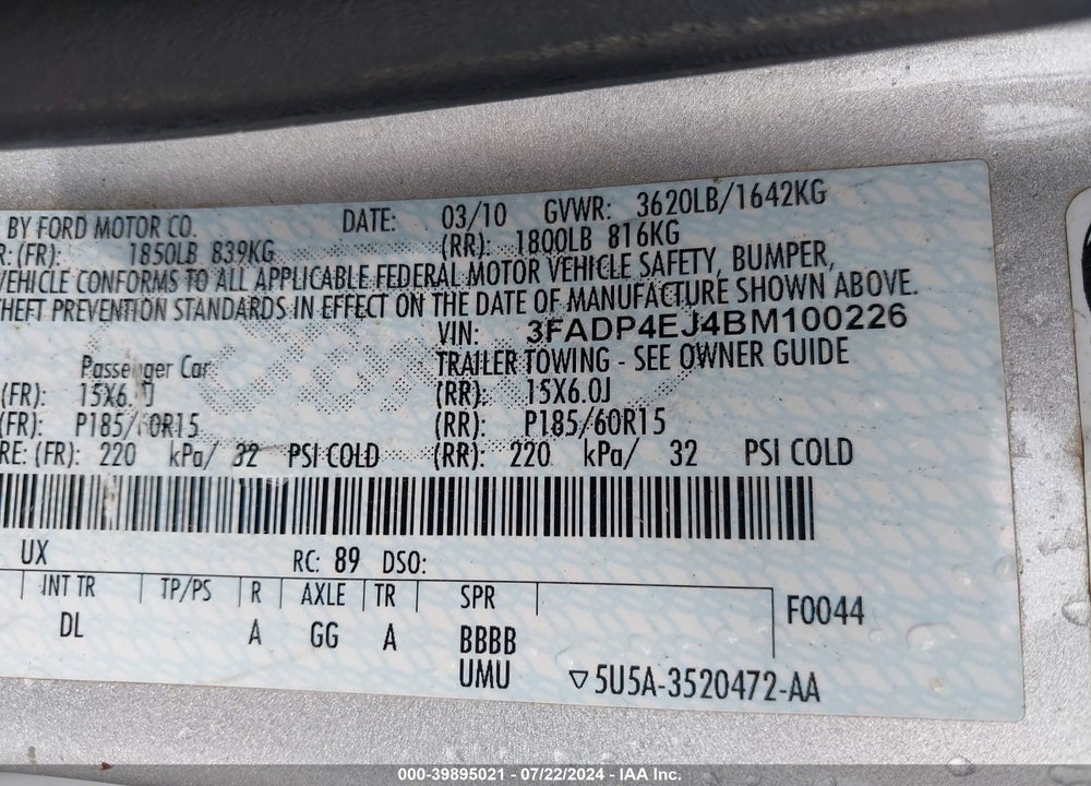 2011 FORD FIESTA SE VIN: 3FADP4EJ4BM100226