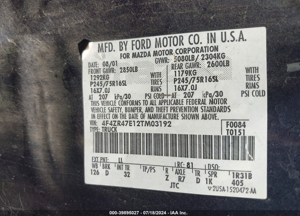 2002 MAZDA B4000 VIN: 4F4ZR47E12TM03192