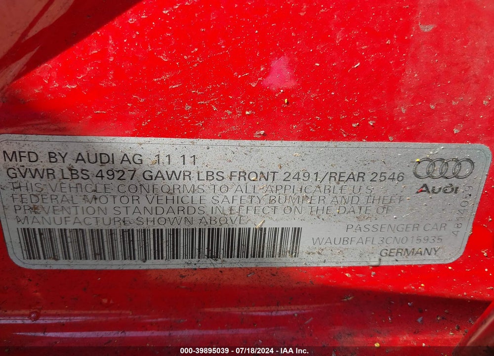 2012 AUDI A4 2.0T PREMIUM VIN: WAUBFAFL3CN015935