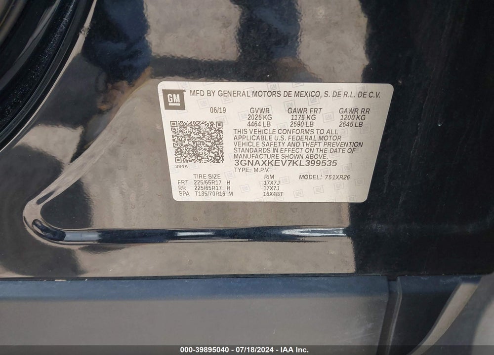 2019 CHEVROLET EQUINOX LT VIN: 3GNAXKEV7KL399535