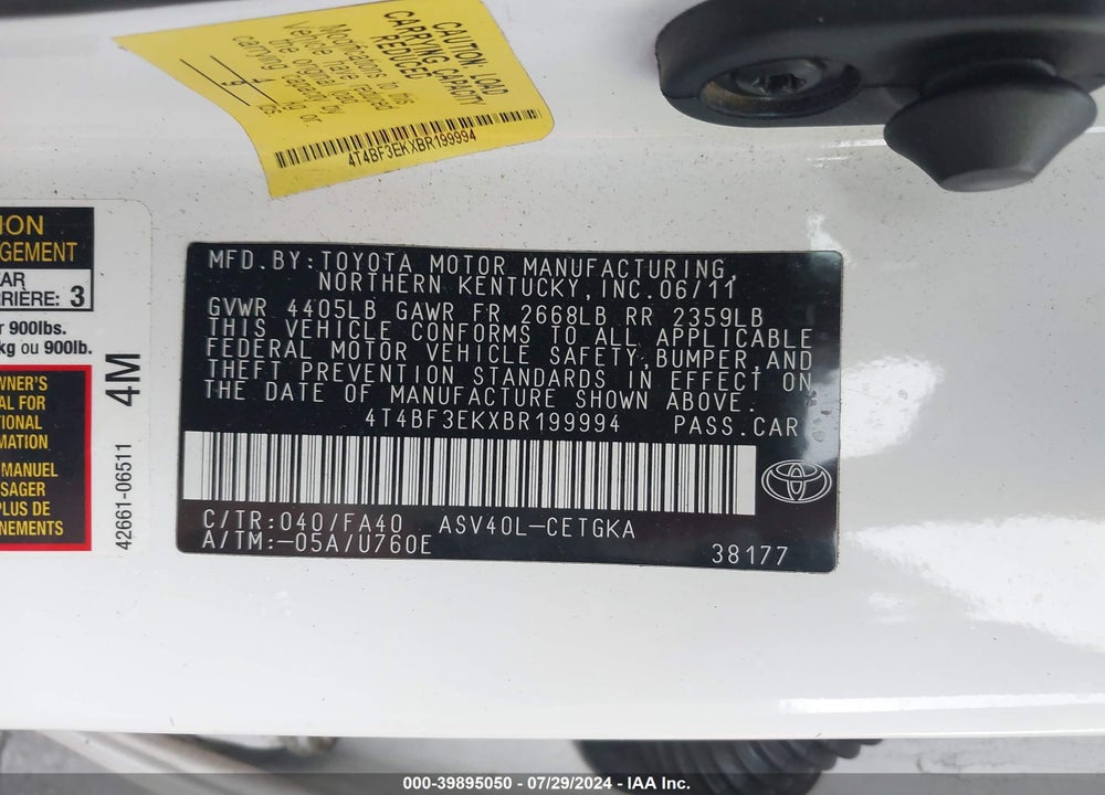 2011 TOYOTA CAMRY XLE VIN: 4T4BF3EKXBR199994
