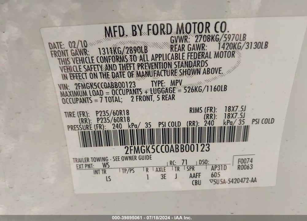 2010 FORD FLEX SEL VIN: 2FMGK5CC0ABB00123