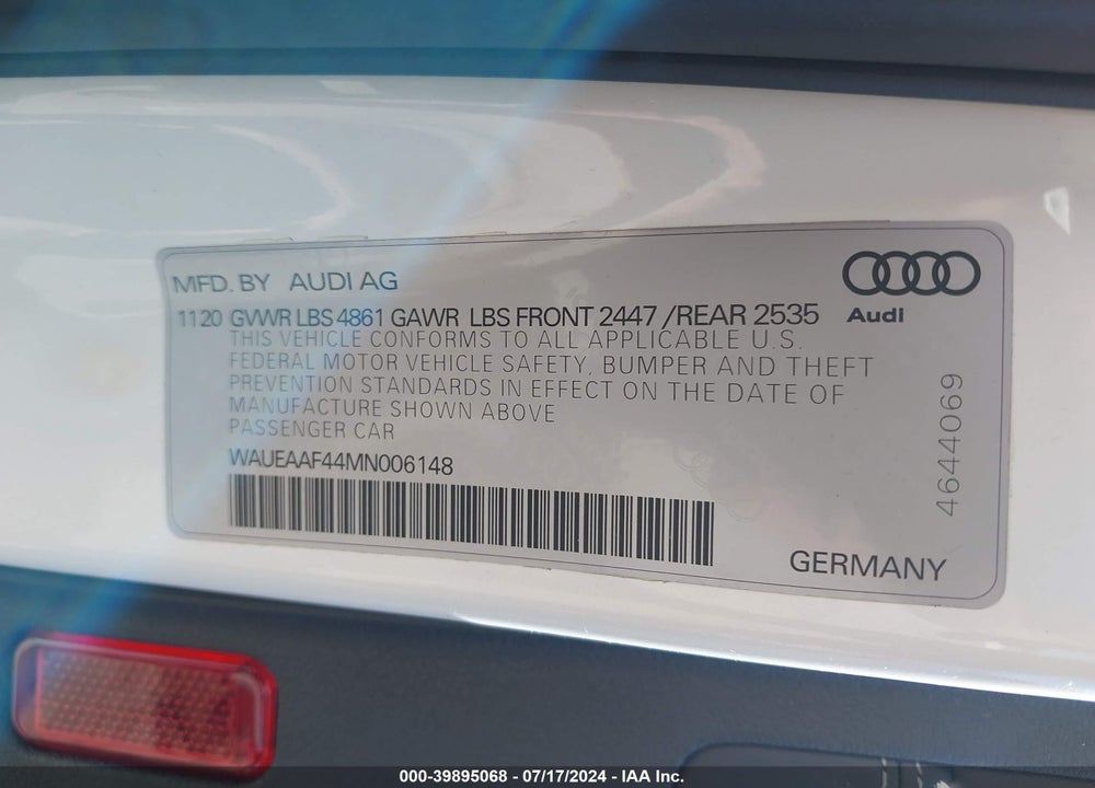 2021 AUDI A4 PREMIUM PLUS 45 TFSI S LINE QUATTRO S TRONIC VIN: WAUEAAF44MN006148