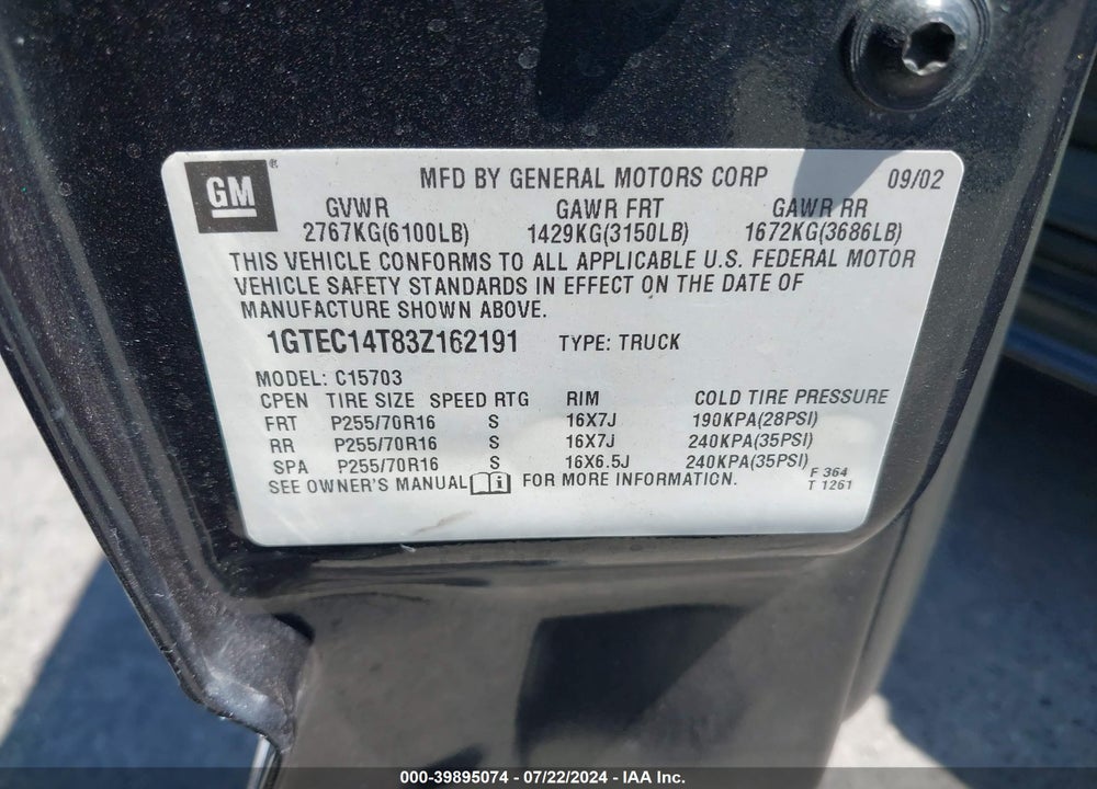 2003 GMC SIERRA 1500 SLE VIN: 1GTEC14T83Z162191