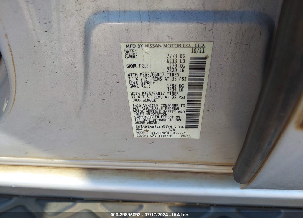 2012 NISSAN PATHFINDER SV VIN: 5N1AR1NB8CC604534