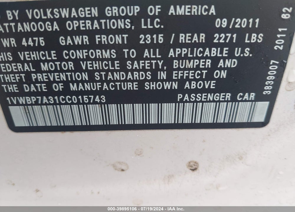 2012 VOLKSWAGEN PASSAT 2.5L SE VIN: 1VWBP7A31CC015743