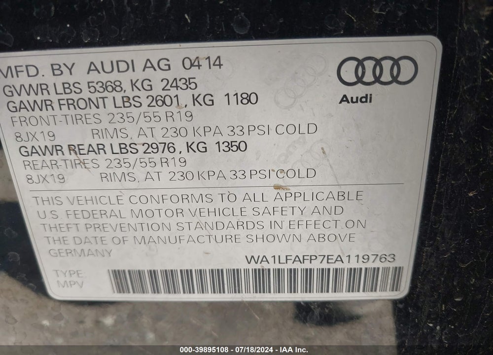 2014 AUDI Q5 2.0T PREMIUM VIN: WA1LFAFP7EA119763