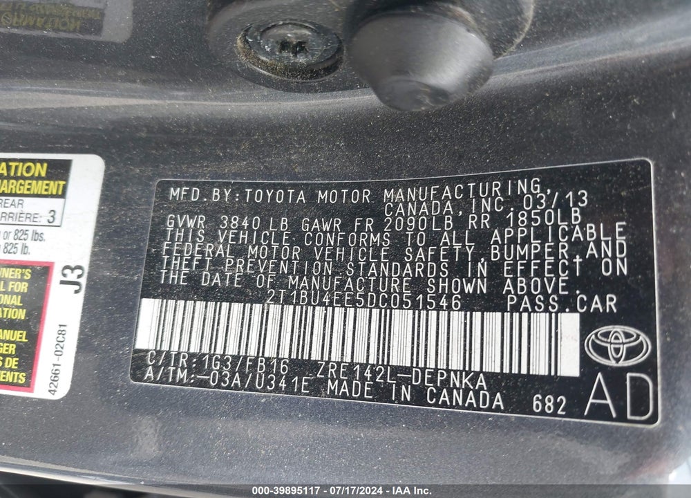 2013 TOYOTA COROLLA LE VIN: 2T1BU4EE5DC051546
