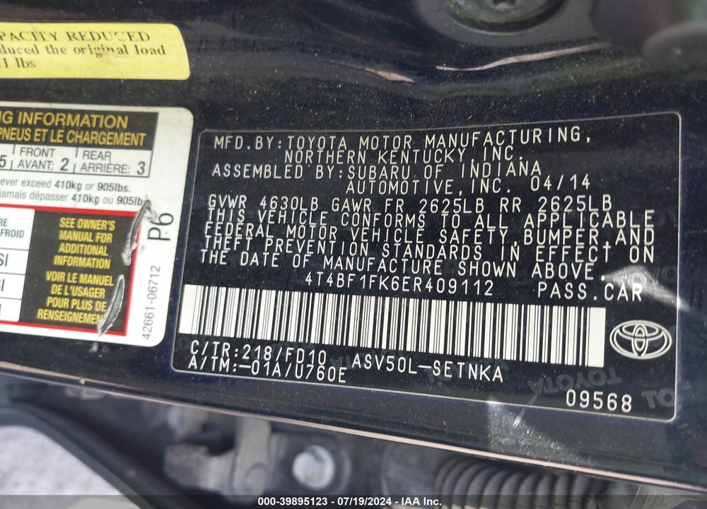 2014 TOYOTA CAMRY LE VIN: 4T4BF1FK6ER409112