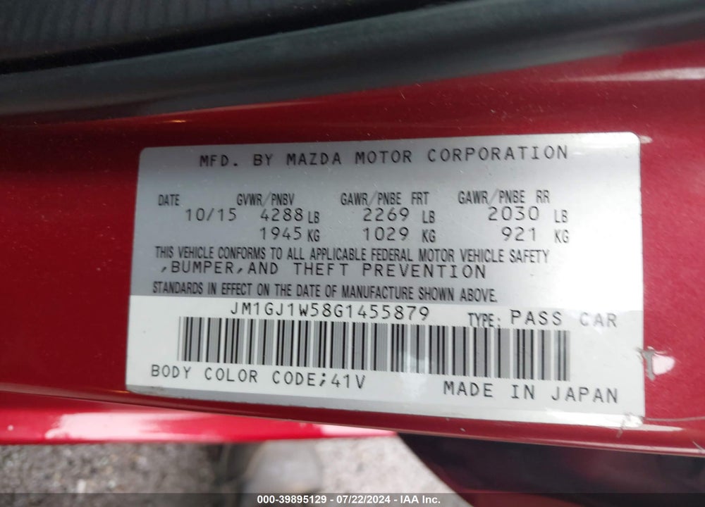 2016 MAZDA 6 I GRAND TOURING VIN: JM1GJ1W58G1455879