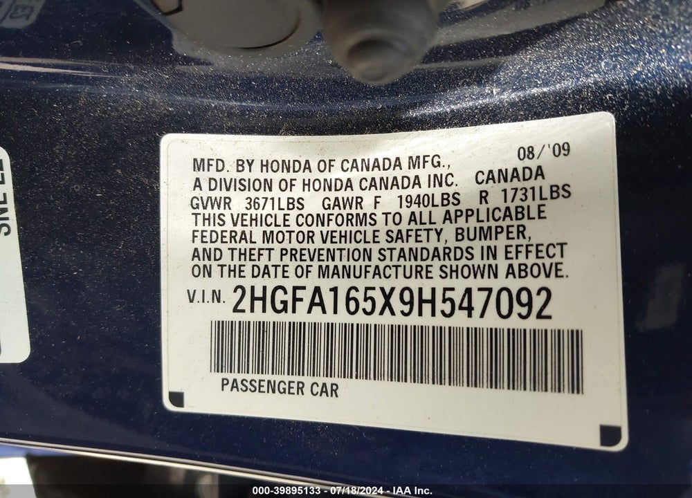 2009 HONDA CIVIC LX VIN: 2HGFA165X9H547092