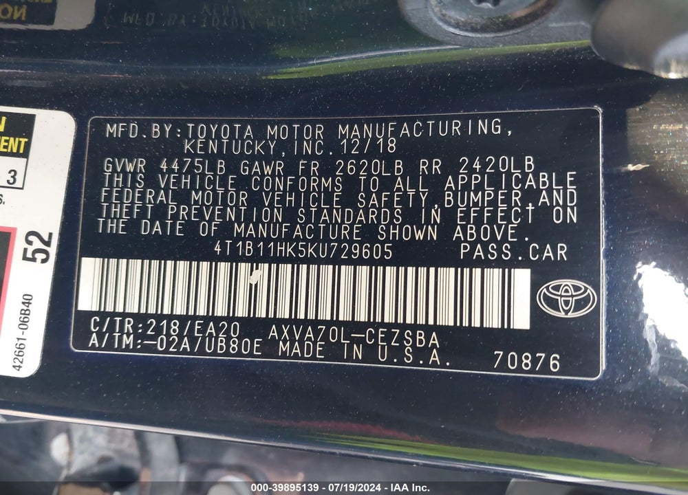 2019 TOYOTA CAMRY SE VIN: 4T1B11HK5KU729605