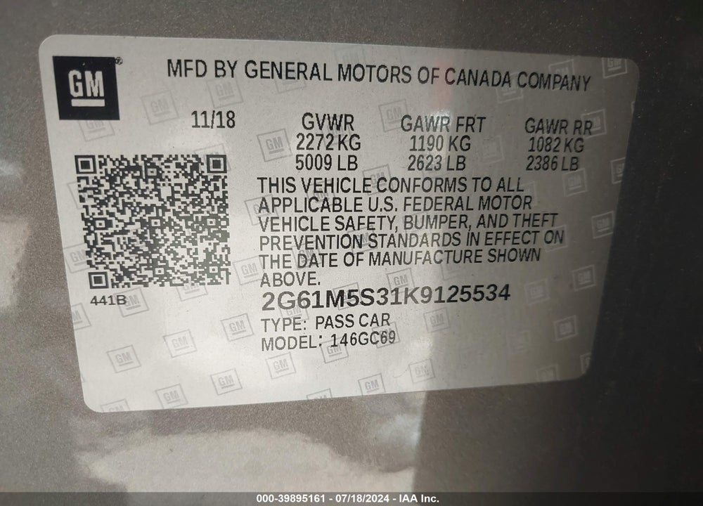 2019 CADILLAC XTS LUXURY VIN: 2G61M5S31K9125534