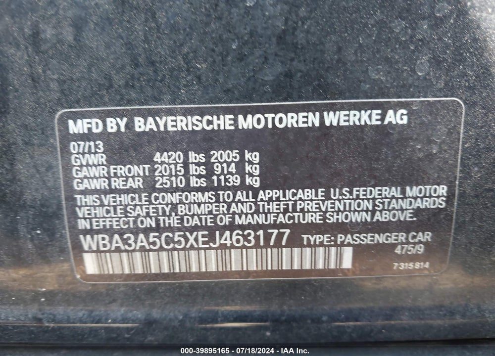 2014 BMW 328I VIN: WBA3A5C5XEJ463177