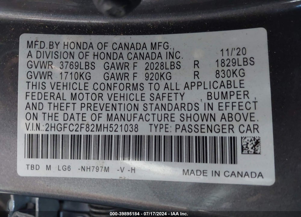2021 HONDA CIVIC SPORT VIN: 2HGFC2F82MH521038