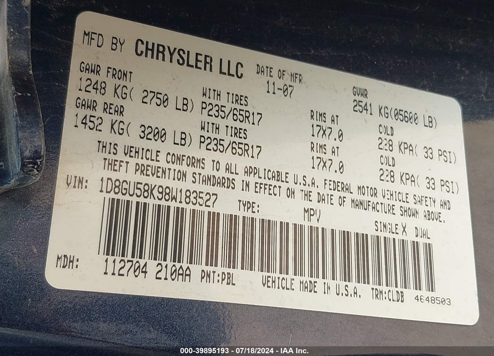 2008 DODGE NITRO SLT/RT VIN: 1D8GU58K98W183527