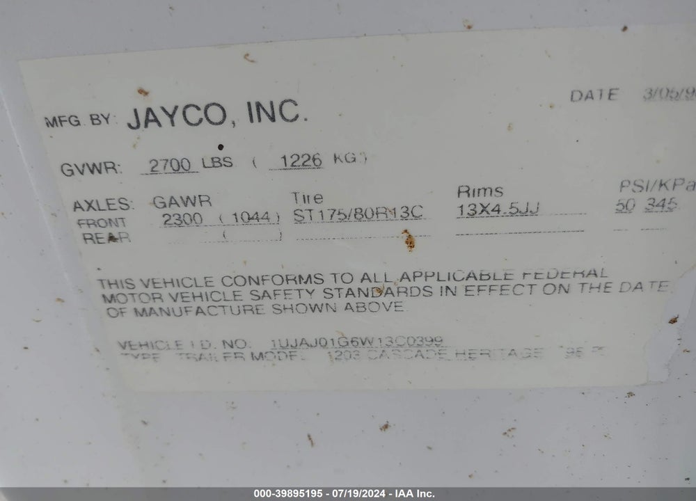 1998 JAYCO EK VIN: 1UJAJ01G6W13C0399