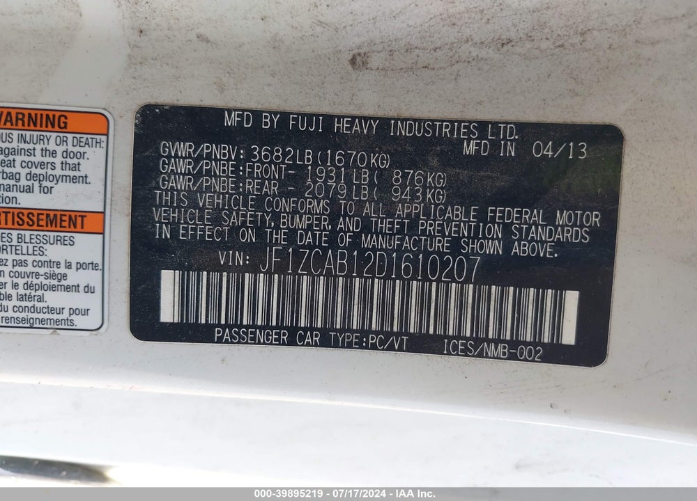 2013 SUBARU BRZ PREMIUM VIN: JF1ZCAB12D1610207