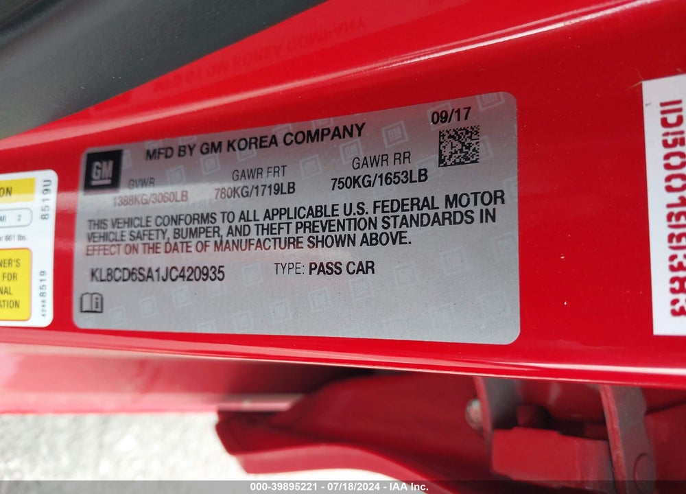 2018 CHEVROLET SPARK 1LT CVT VIN: KL8CD6SA1JC420935