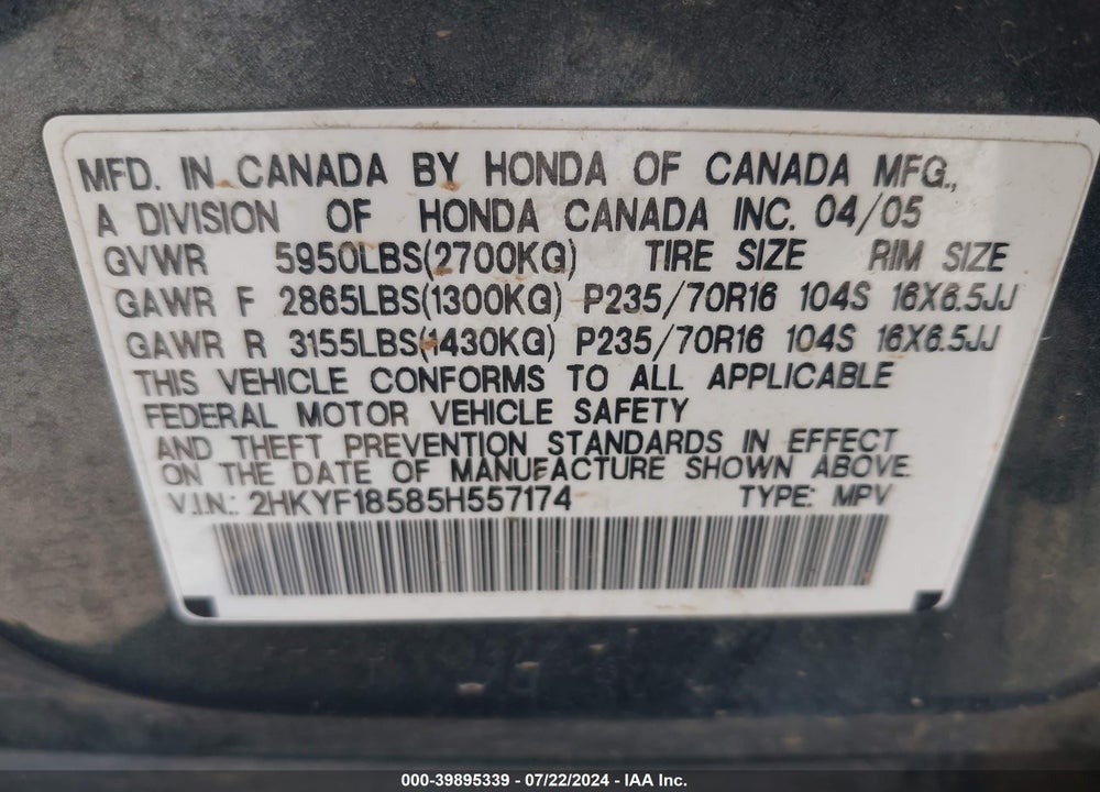 2005 HONDA PILOT EX-L VIN: 2HKYF18585H557174
