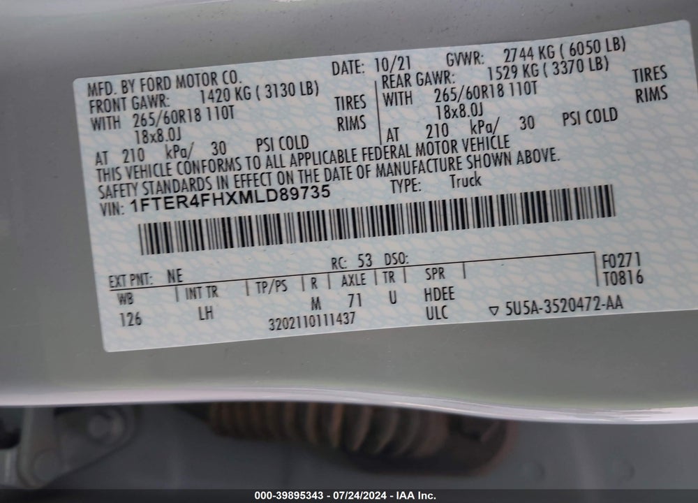 2021 FORD RANGER XL VIN: 1FTER4FHXMLD89735