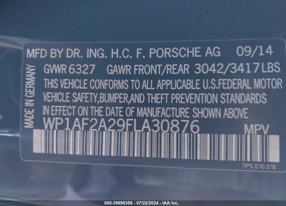 2015 PORSCHE CAYENNE DIESEL VIN: WP1AF2A29FLA30876