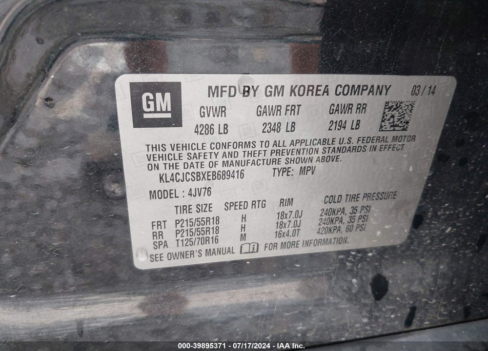 2014 BUICK ENCORE LEATHER VIN: KL4CJCSBXEB689416