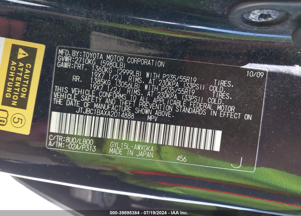 2010 LEXUS RX 450H VIN: JTJBC1BAXA2014888